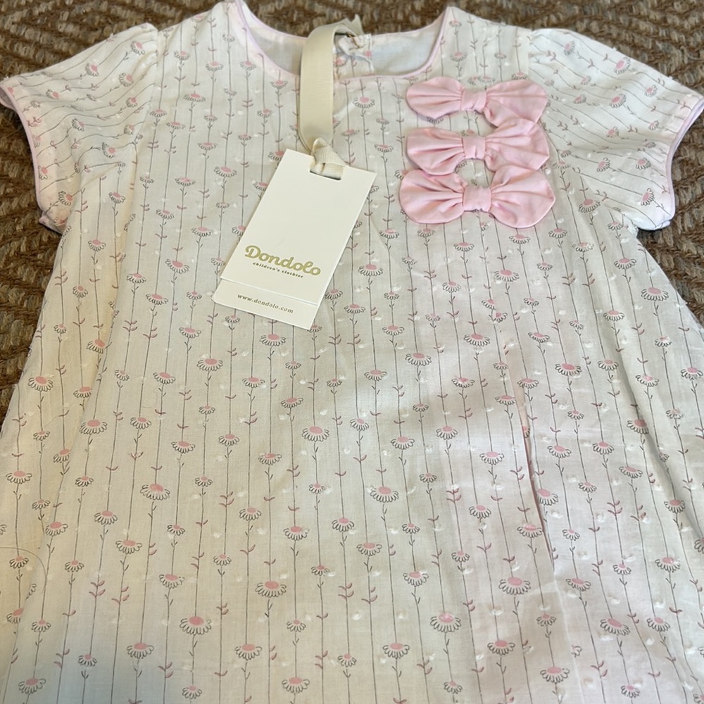 New With Tag Dondolo Girl’s Dress, White Swiss Dot Floral Print, 100% Cotton